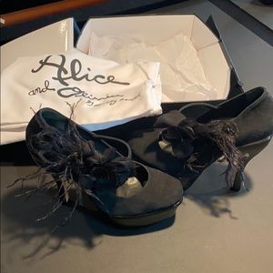 Alice + Olivia Black Heels with Feather Flowers